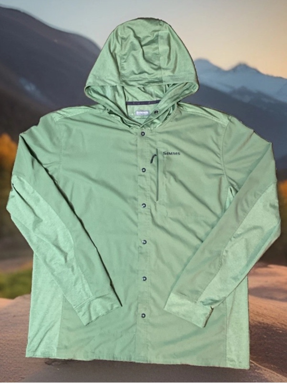 Simms Fishing Insect Shield Button Up Green Hoodie Size: Large GorpCore Outdoor